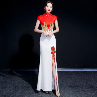 紫缘萱晚礼服女模特走秀旗袍团体演出服长款 开叉年会国潮鱼尾裙夏