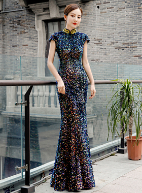 紫缘萱亮片礼服长款宴会晚装气场女王改良鱼尾旗袍弹力主持走秀女