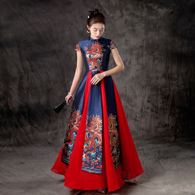 紫缘萱中式国风演出服舞台装大型合唱团礼服民族风龙图大摆走秀女