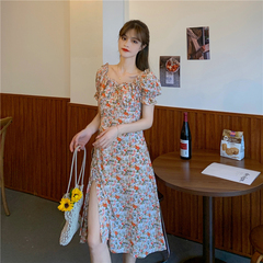 French first love long skirt chic split flower dress