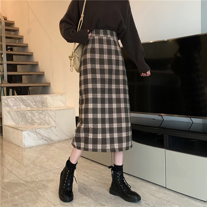 Real price: Spring 2021 Vintage high waisted slim girlfriends' plaid skirt type a tweed skirt