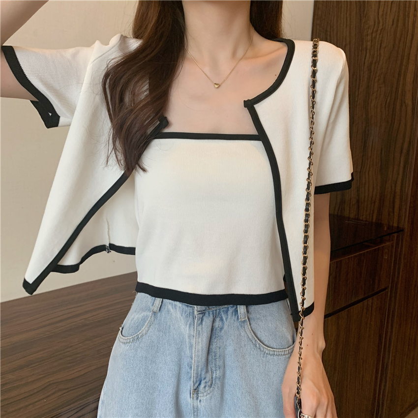 Real shot real price net red color contrast short sleeve knitted cardigan coat + versatile design chest wrapped vest two-piece set