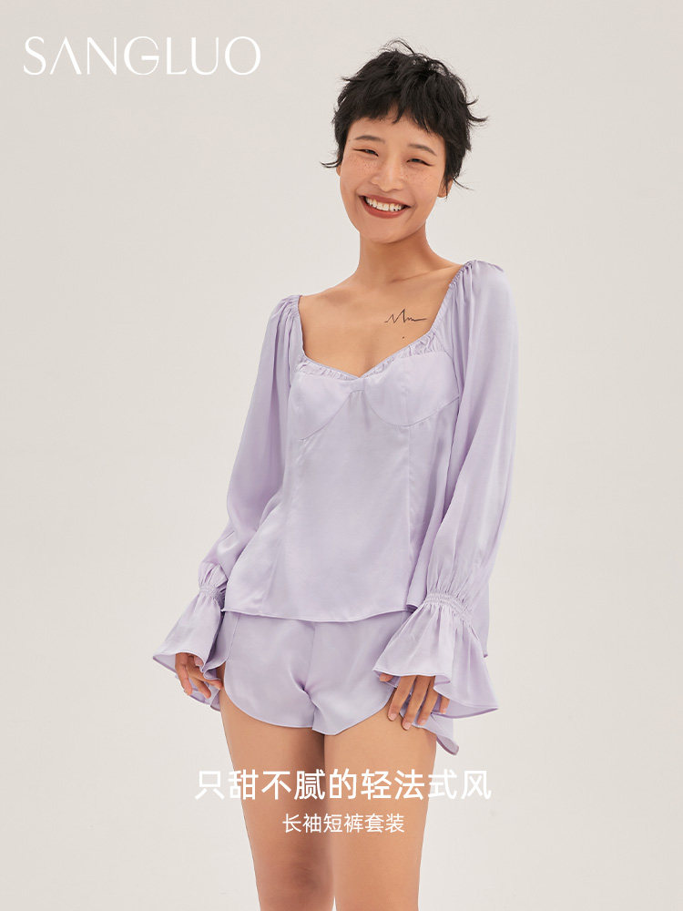 SANGLUO真丝睡衣长袖短裤套装双层罩杯防凸点轻法式家居服可外穿