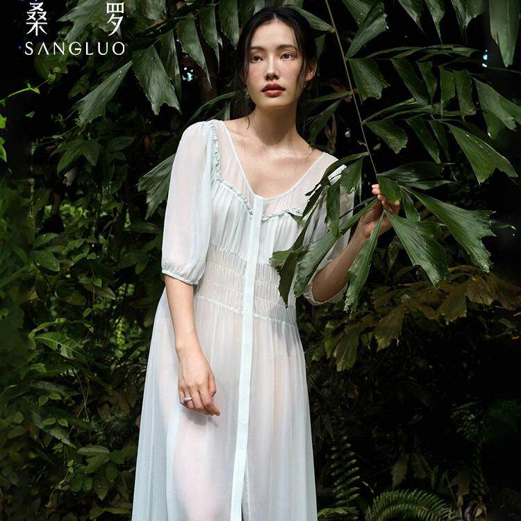 桑罗真丝乔其纱睡裙睡袍套装蕾丝拼接桑蚕丝仙气轻纱晨袍浪漫度假