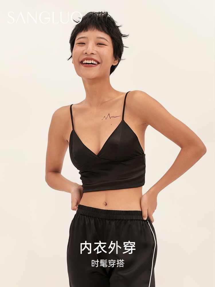 SANGLUO弹力桑蚕丝V领吊带上衣女夏内搭背心式文胸无钢圈真丝内衣