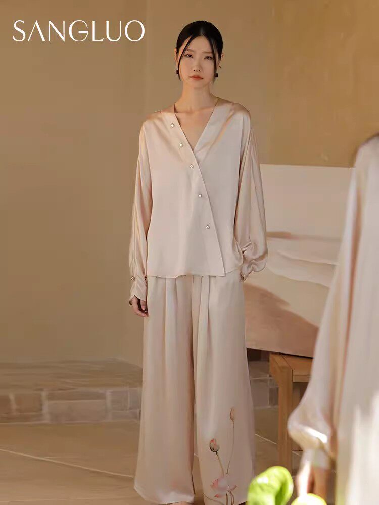 新中式真丝睡衣套装桑罗女春夏斜襟国风印花长袖家居服可外穿