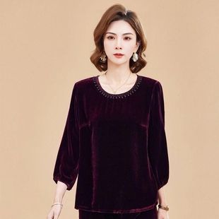 桑蚕丝金丝绒上衣真丝丝绒小衫中老年妈妈年轻款大码品牌t恤
