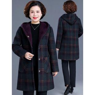 新款 连帽2024冬季 妈妈貂绒呢子格子大衣 外套中长款 中老年秋冬装