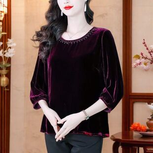 杭州真丝金丝绒上衣女2025年新款气质宽松高端大牌妈妈桑蚕丝小衫