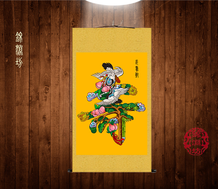长寿松丝绸画松树寿字画家居福寿挂画春节送老人书法卷轴画礼品画