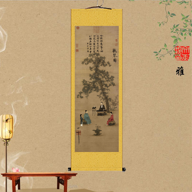 宋徽宗听琴图挂画客厅装饰竖版字