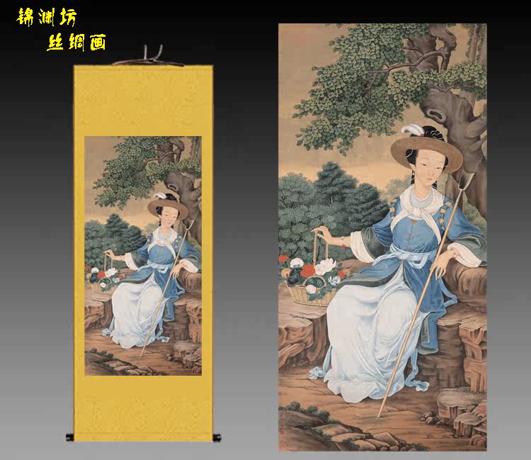 仕女图丝绸卷轴画人比花娇挂画工笔画八骏图流水茶客厅锦装饰挂画