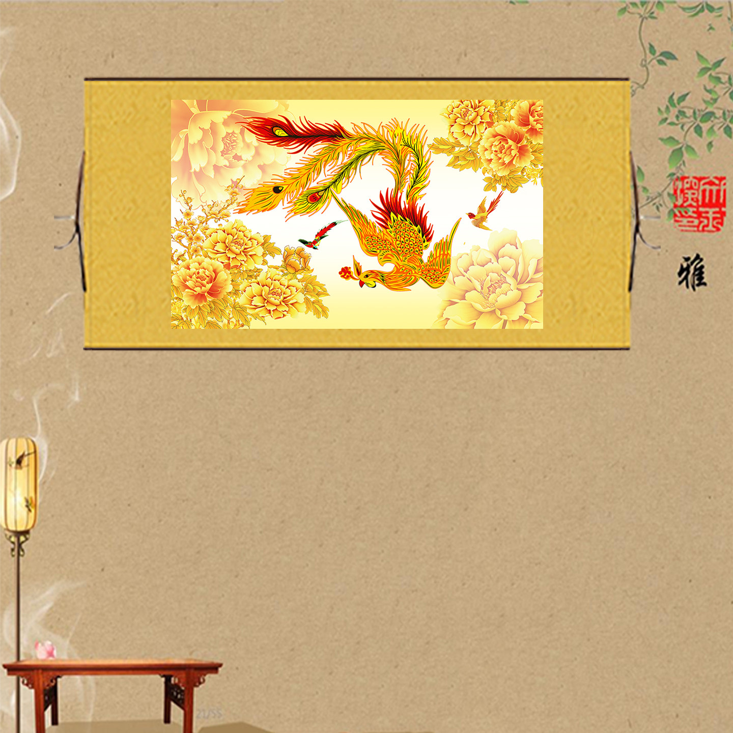 金牡丹喜鹊百鸟朝凤禅意卷轴画