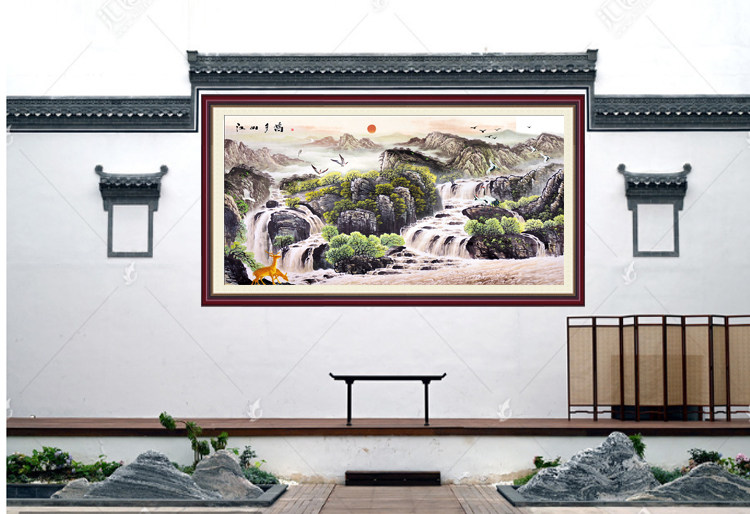 江山多娇山水画旭日东升丝绸画麋鹿客厅书房装饰画聚宝盆卷轴挂画