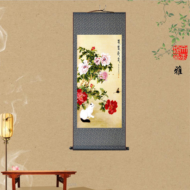 富贵长春图丝绸画客厅玄关装饰画