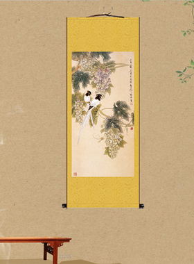 喜鹊丝绸画葡萄花鸟挂画吉祥如意