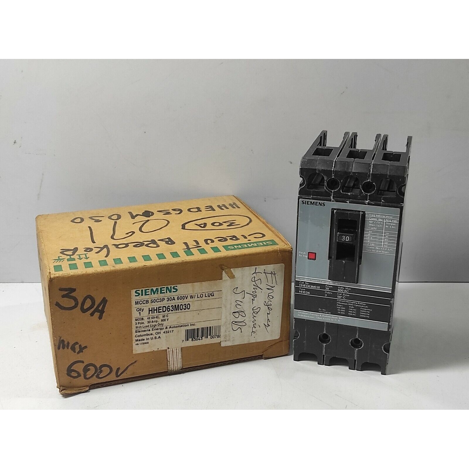 Siemens HHED63M030 MCCB 50C3P 30A Sentron Series Circuit Bre