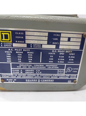 SQUARE D 9012ACR5 PRESSURE SWITCH SER-B 1-75PSI CLASS:9012 T