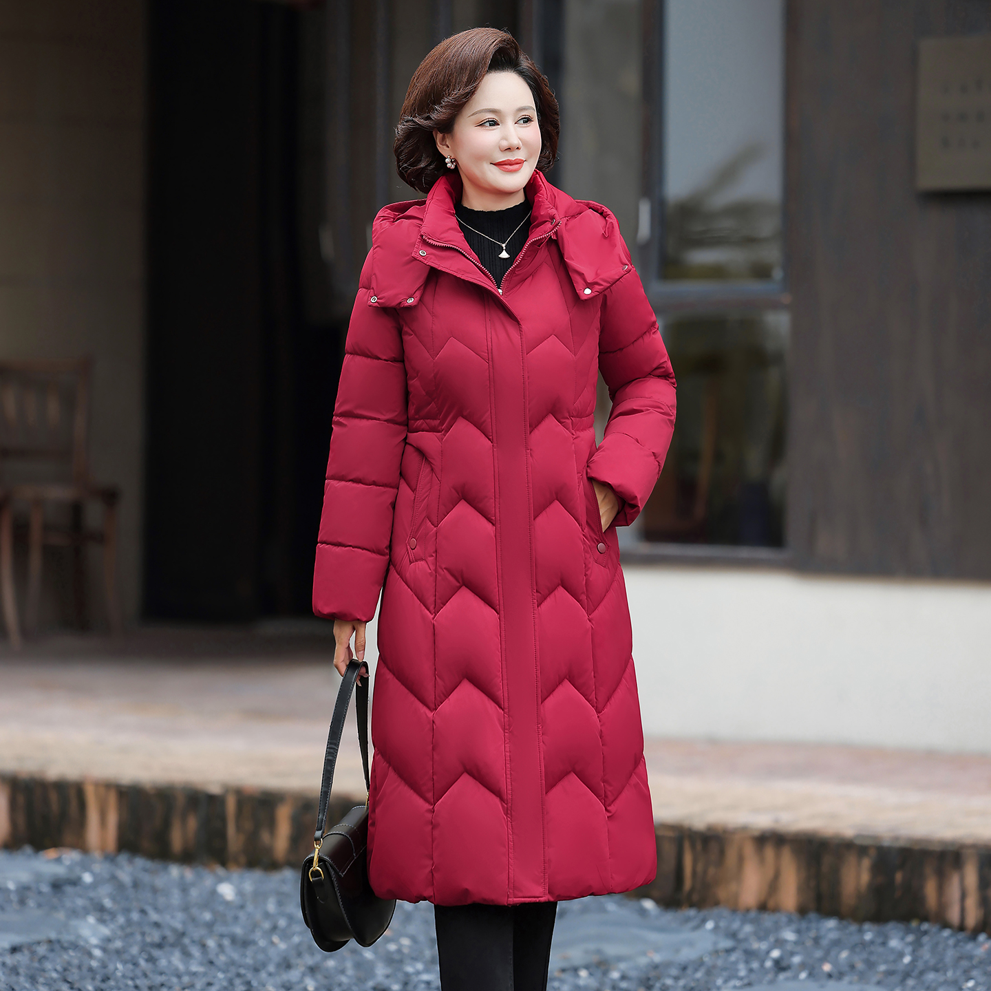长款过膝羽绒棉服中老年女加肥加大码连帽修身棉衣外套加厚棉袄