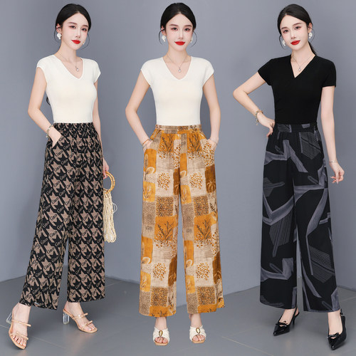 妈妈2026新款夏季女士睡裤可外穿宽松休闲九分阔腿家居裤花长裤子