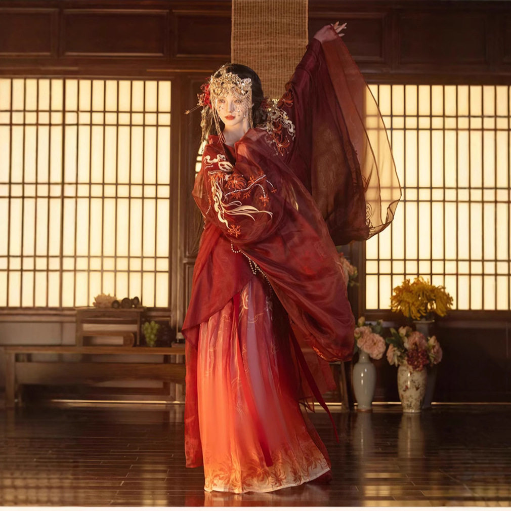 原创汉服女【忘川】重工刺绣彼岸花元素改良拖尾战国袍夏季日常