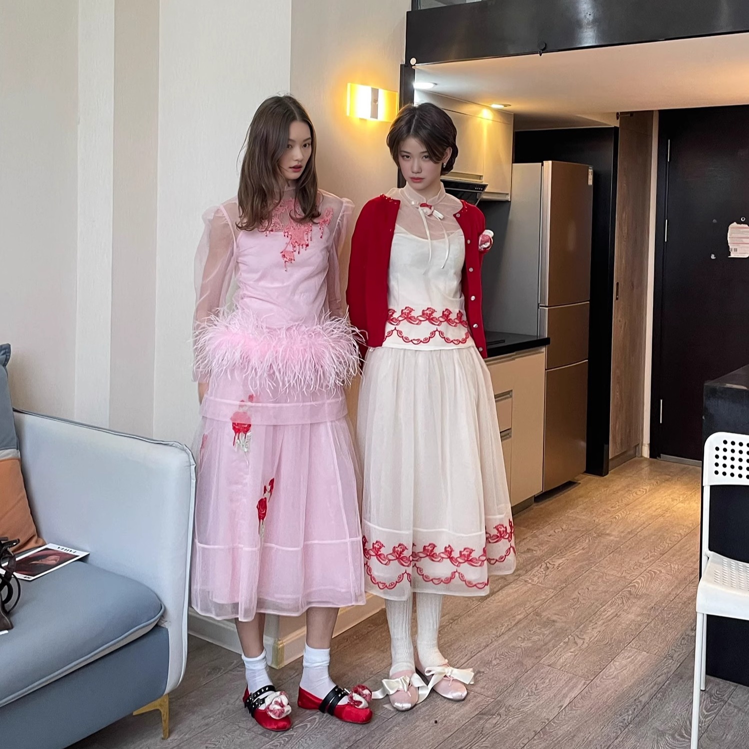 毛哩MOOLY新中式原创粉色珠绣融花刺绣网纱旗袍套装+半裙