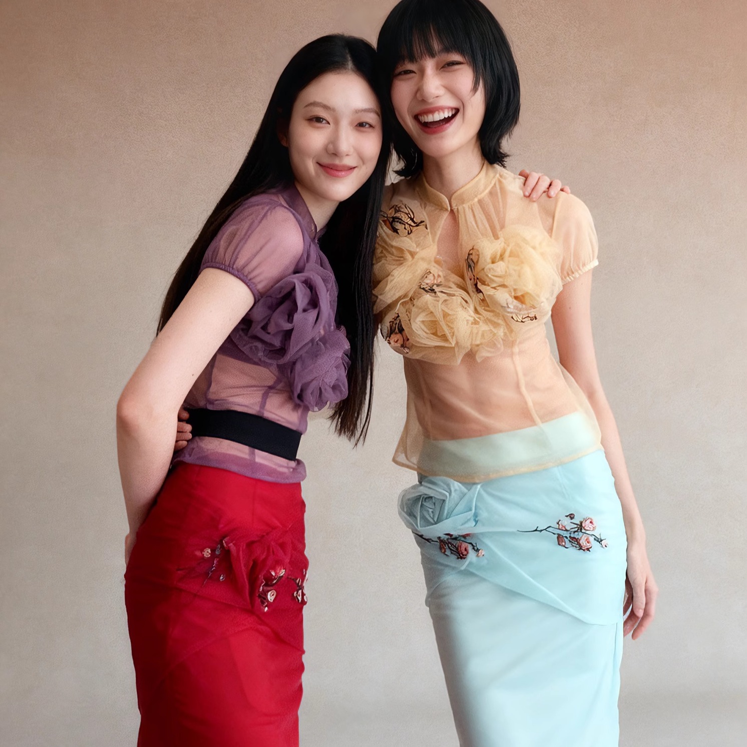 毛哩MOOLY「围花谣」手工立体蔷薇花网纱刺绣立领旗袍女上衣+半裙