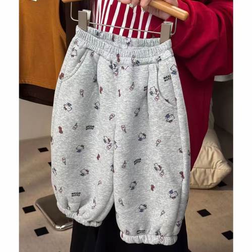 650克超厚超厚羊驼绒女童冬装可爱卡通猫加绒裤洋气灰加厚保暖裤