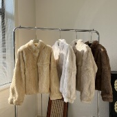 新品 韩系立领短款 兔毛皮草外套双色渲染2025冬季 加厚保暖皮毛一体