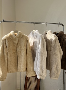 韩系立领短款兔毛皮草外套双色渲染2025冬季新品加厚保暖皮毛一体