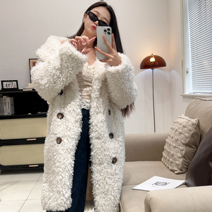 环保皮毛一体加厚大衣保暖女 新款 皮草外套仿羊羔毛西服领长款 冬季