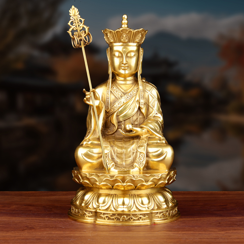 地藏王菩萨黄铜地藏王佛像坐像摆件婆娑三圣铜像家用客厅装饰品