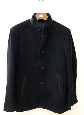 鸟家男立领羊毛呢大衣深蓝色单排扣外套毛呢冬季保暖上衣93070