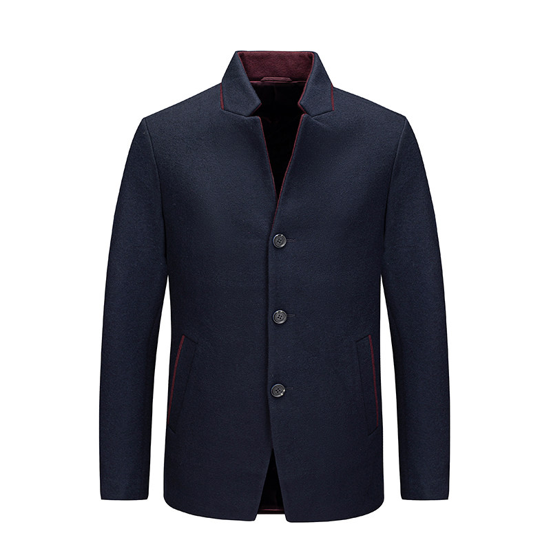 鸟家羊毛呢大衣深蓝色立领冬季外套青年休闲羊毛保暖上衣97031