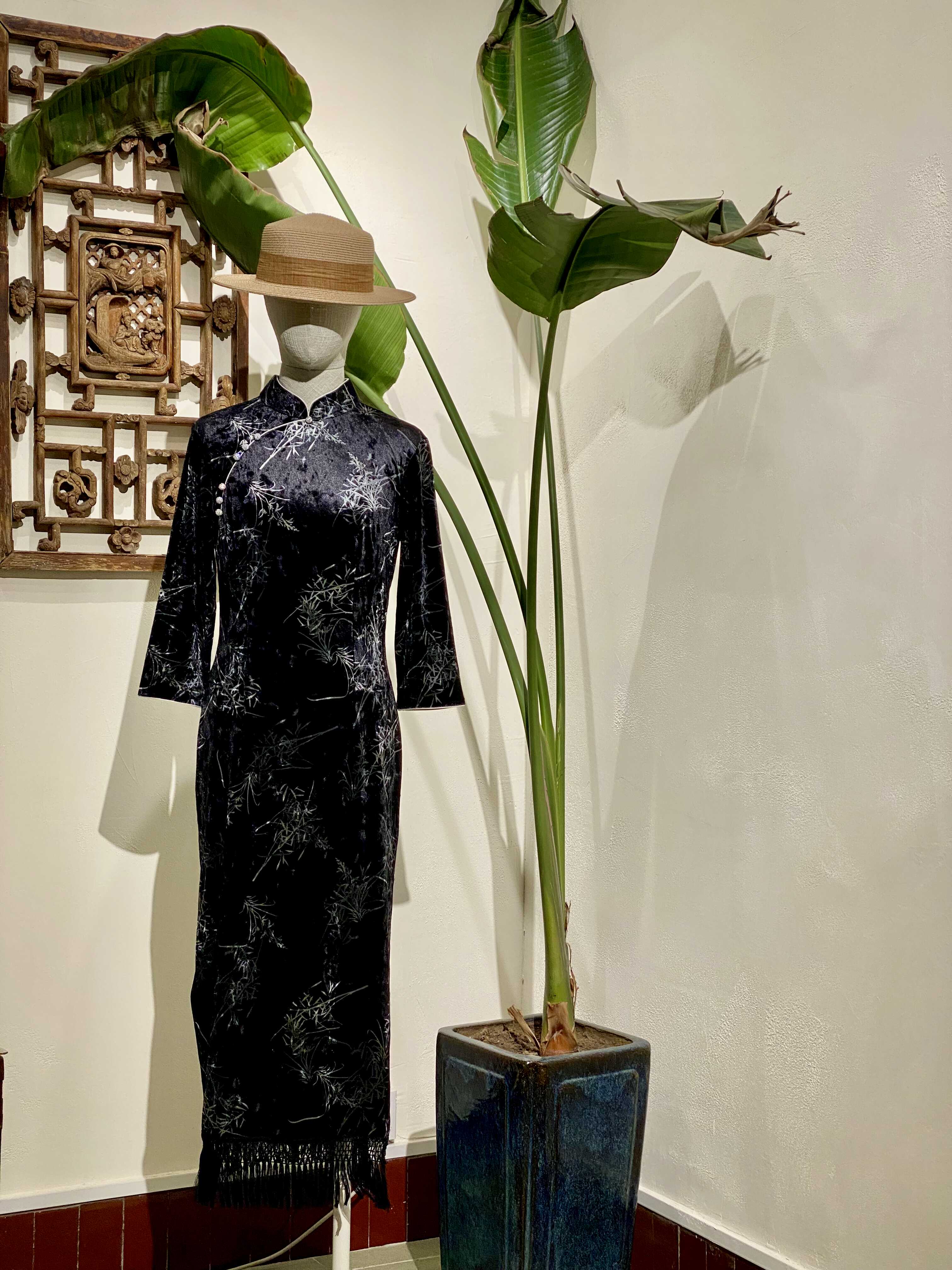 旗袍连衣裙黑色丝绒新中式