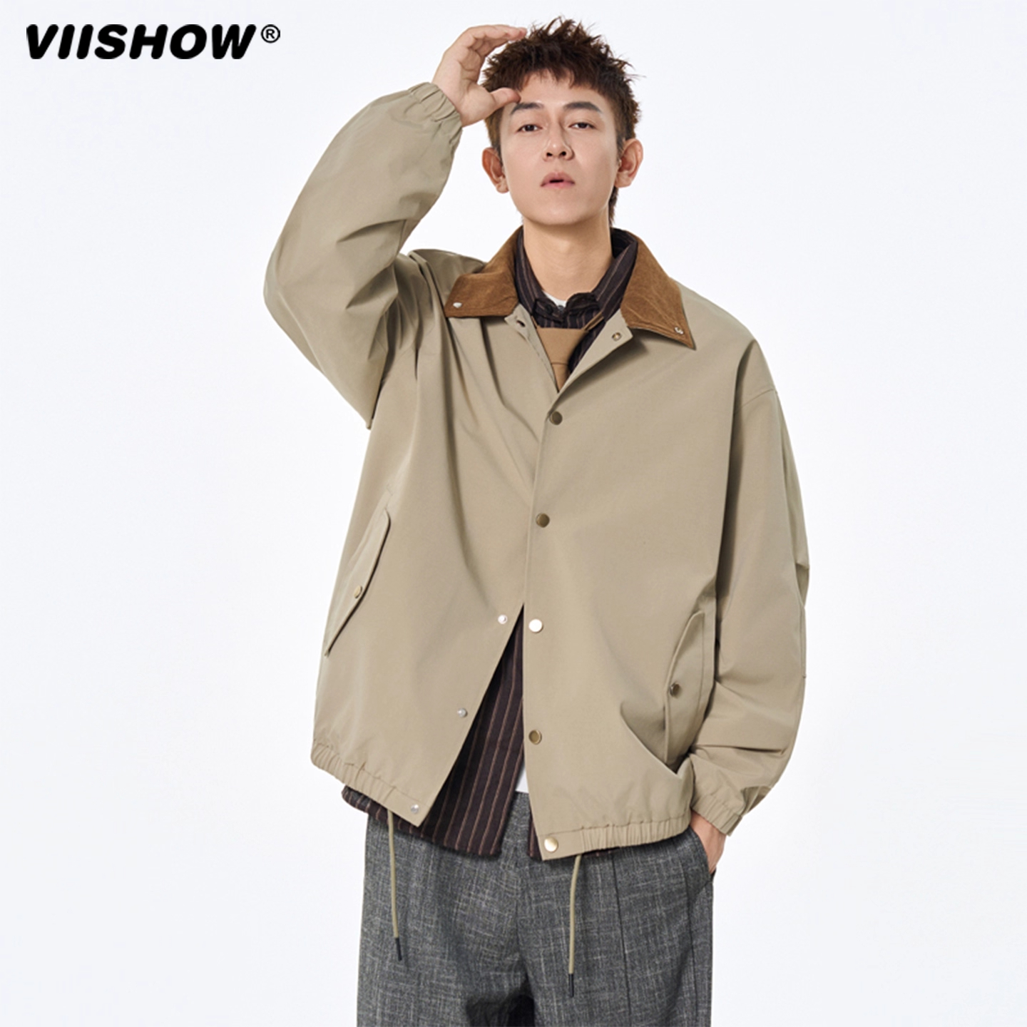 VIISHOW复古潮牌工装哈灵顿夹克男女春秋宽松情侣装百搭翻领外套