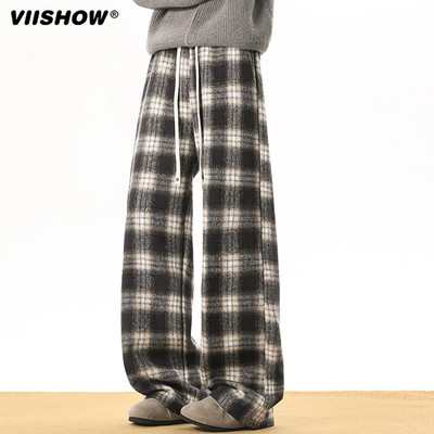 VIISHOW毛呢格子裤男秋冬季宽松直筒加绒加厚慵懒风阔腿休闲裤子