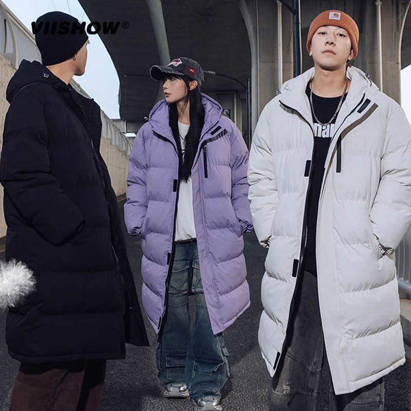 VIISHOW纯色连帽中长款羽绒棉服男冬潮牌加厚保暖防寒服棉衣外套