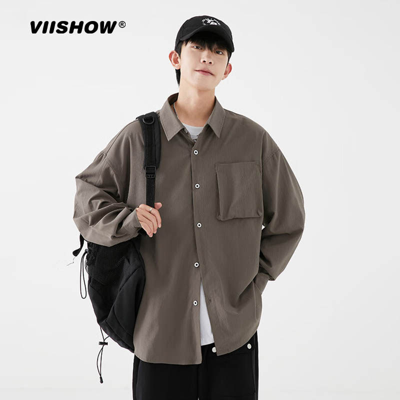 viishow衬衫男士高级港风免烫工装美式复古长袖春秋纯色外套衬衣