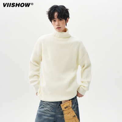 VIISHOW慵懒风白色高领毛衣男冬内搭软糯宽松堆堆领打底衫针织衫