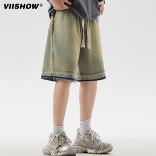 宽松直筒五分裤 VIISHOW美式 新款 男流苏夏季 复古做旧水洗牛仔短裤