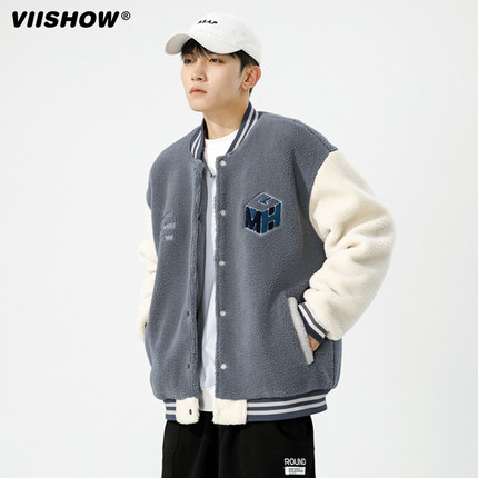 VISHOW美式棒球服男春秋加绒加潮牌青少年港风帅气仿羊羔毛外套