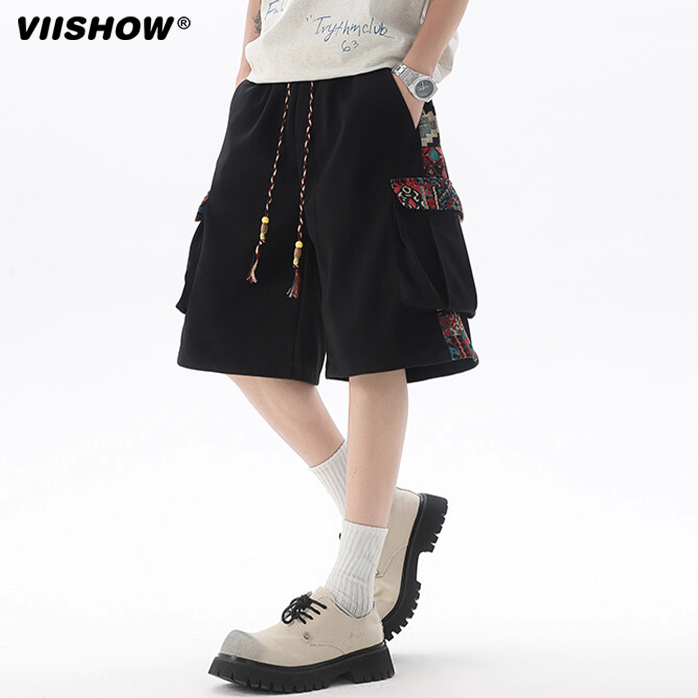 VIISHOW新中式刺绣短裤男夏季宽松休闲国潮中裤潮牌运动5五分裤子