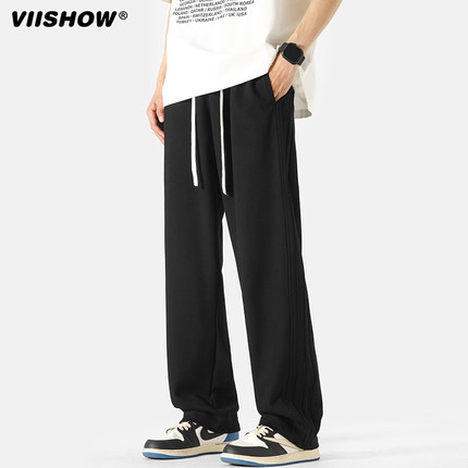 VISHOW美式潮牌裤子男冬季加绒条纹宽松休闲长裤直筒阔腿运动裤