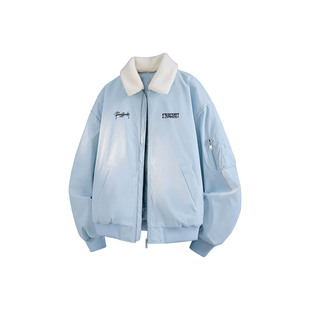 PRESSURE美式 字母Logo印花休闲宽松羊羔绒翻领夹克棉服外套男女款