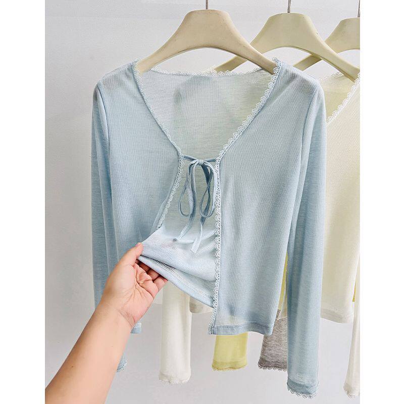 防晒蕾丝花边系带开衫女2026新款夏季披肩空调衫罩衫吊带外搭上衣