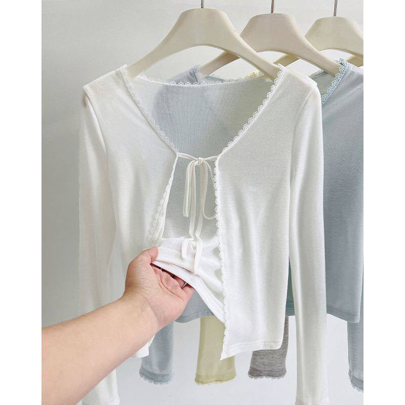 白色冰丝防晒开衫女春高级感配吊带裙外搭披肩蕾丝系带罩衫上衣