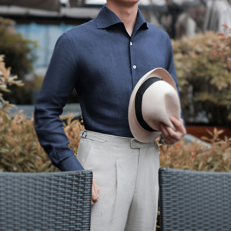 商务长袖亚麻衬衫秋季新品