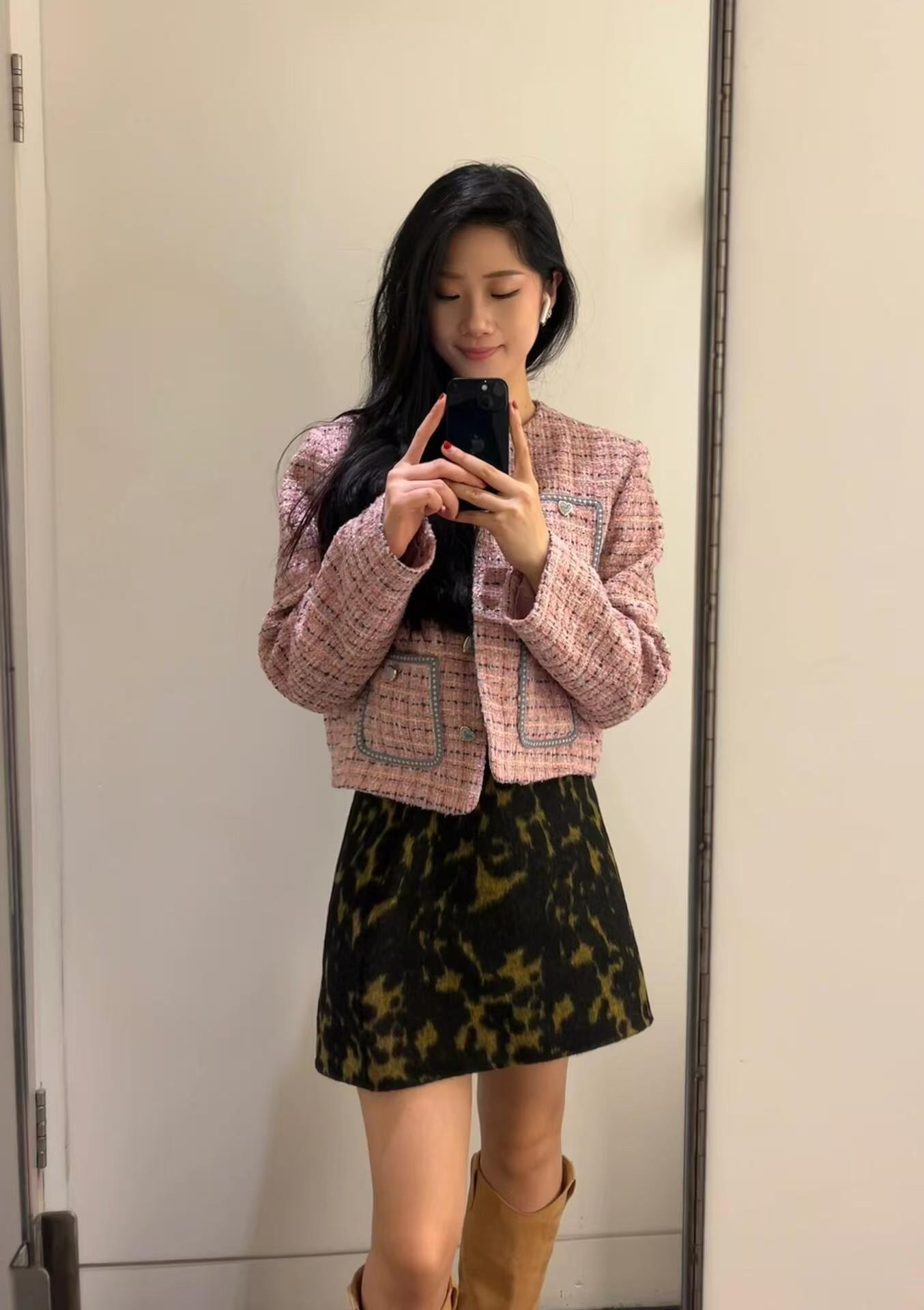 原C&S提花纹理豹纹羊毛短裙