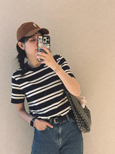 原 COS风格简约女装修身版型白色条纹棉质正肩短袖T恤夏